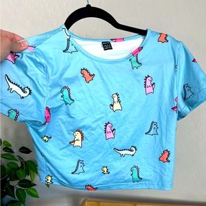 Large Adult Dino Dinosaur Crop Top Blue Shirt